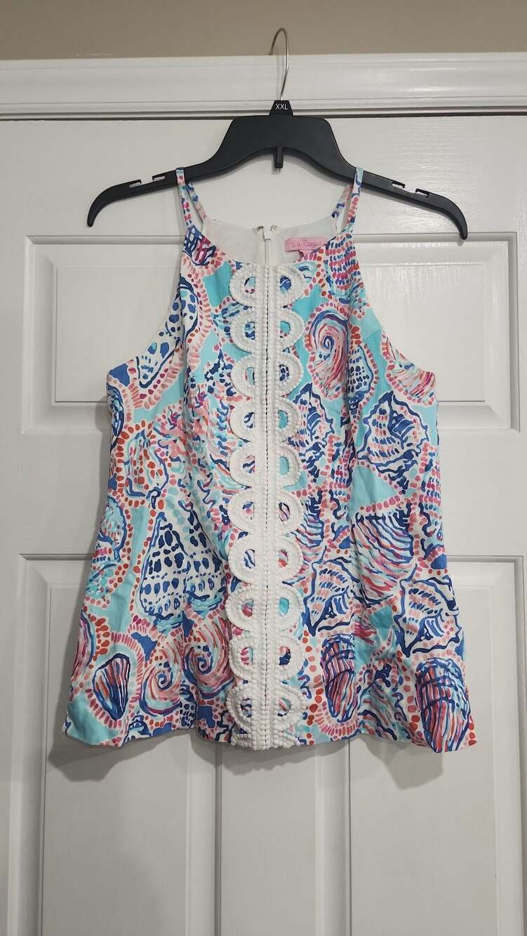 Lilly Pulitzer Aqua, Pink & Navy Shell-Print Crochet-Trim Tank